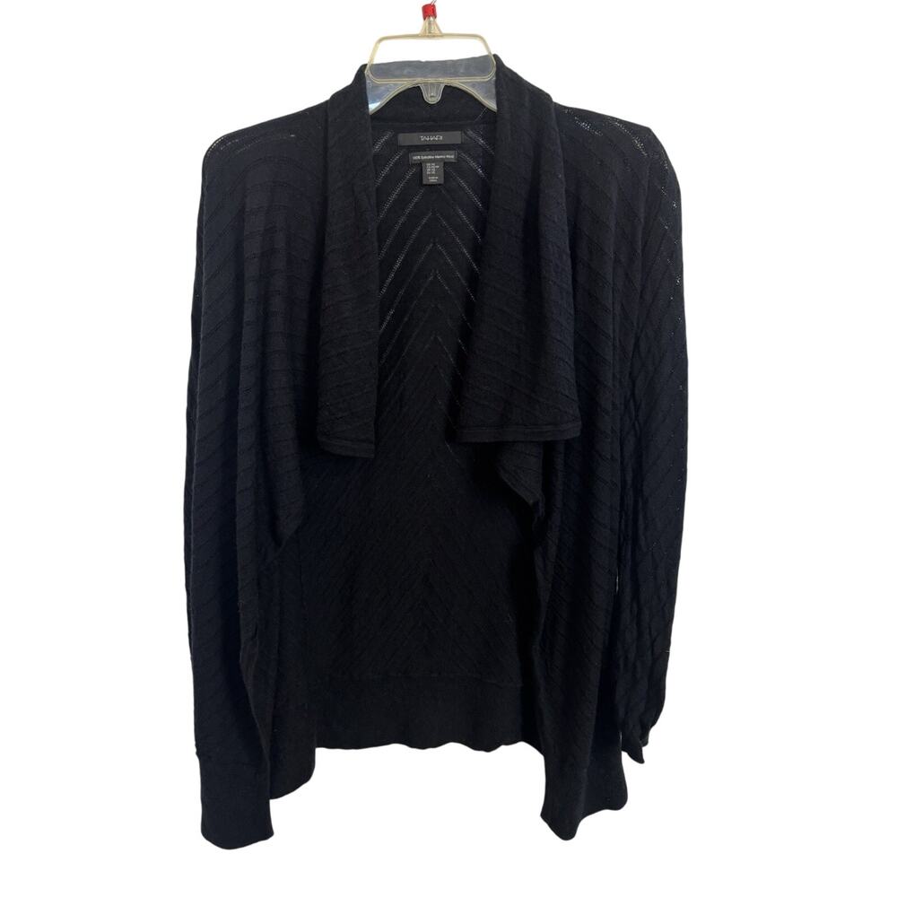 Tahari 100% Extra Fine Merino Wool Black Open Front Cardigan XS Waterfall Cozy